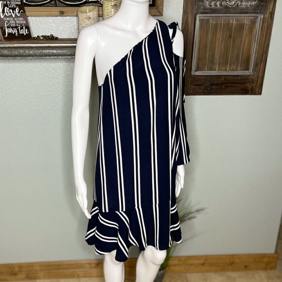 Zara Blue White Navy Striped One Shoulder Night Out Dress Size XS - Picture 2 of 15